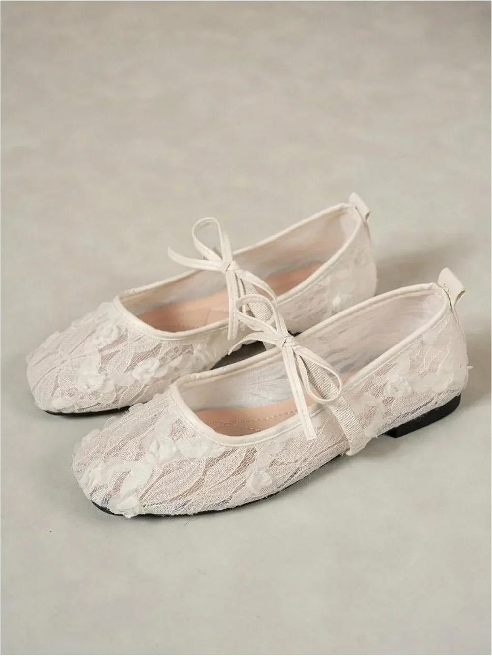 Women's White Mesh Ballet Flats Lace Bow Square Toe Wedding Dressy Work Shoes